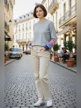 Boden Grey Annie Sweater with Multicolor Striped Cuffs Wool Blend size S